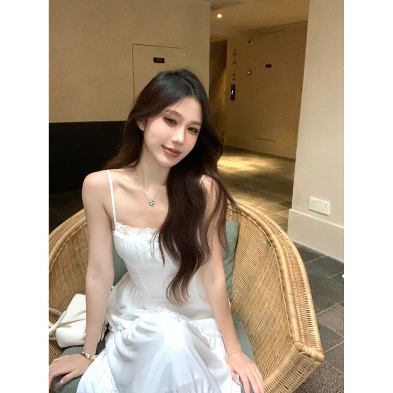 Kumikumi French Style Gentle Wind Lace Stitching Sling Dress Women Summer Waist Hugging Slimming A- Line Skirt Long Dress