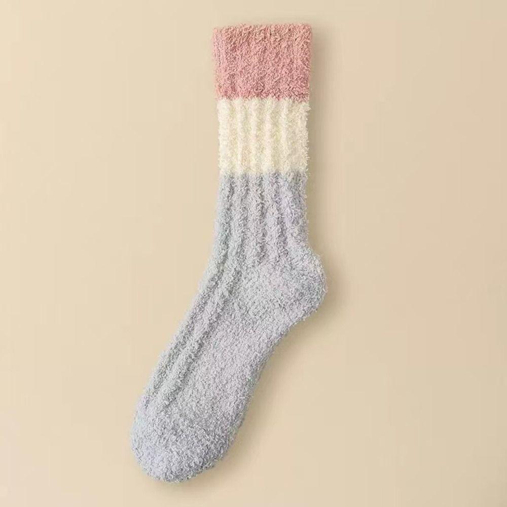 3Pairs Stripe Coral Fleece Socks Winter Mid Tube Socks Women Comfortable Floor Plush Socks  Winter