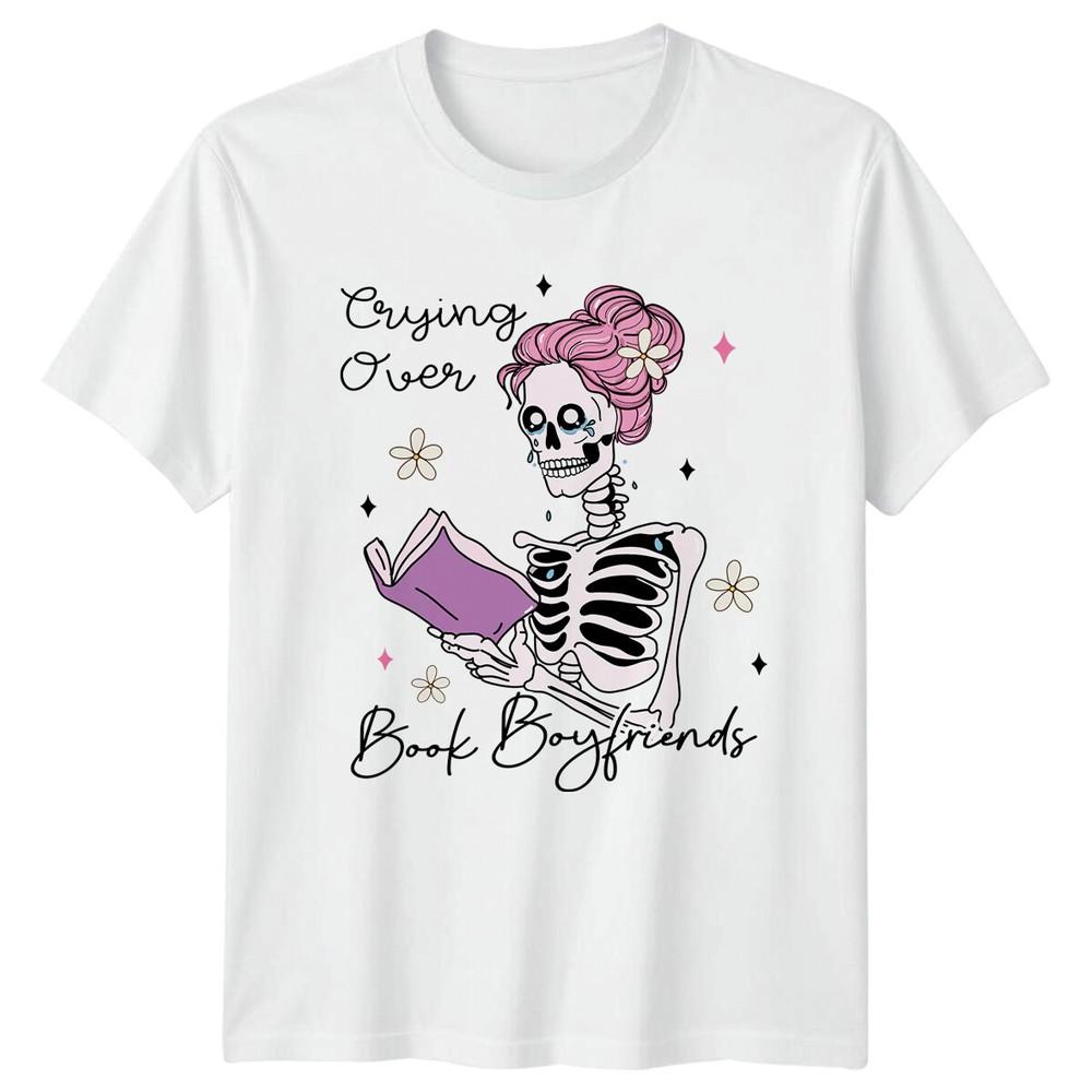 Crying Over Book Boyfriends Skeleton Reading Book TShirt S