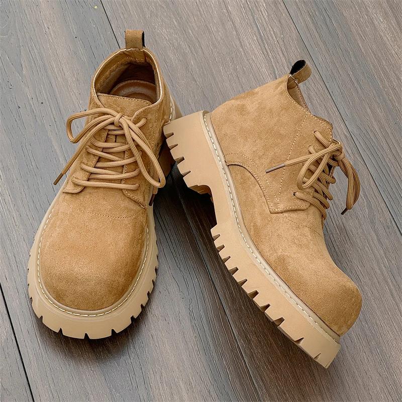 Markendesign Große Größe Hohe Qualität Quadratischer Absatz Plateau Punk Große Zehe Derby Britischer Stiefel Herren Schnürstiefeletten Herrenschuhe