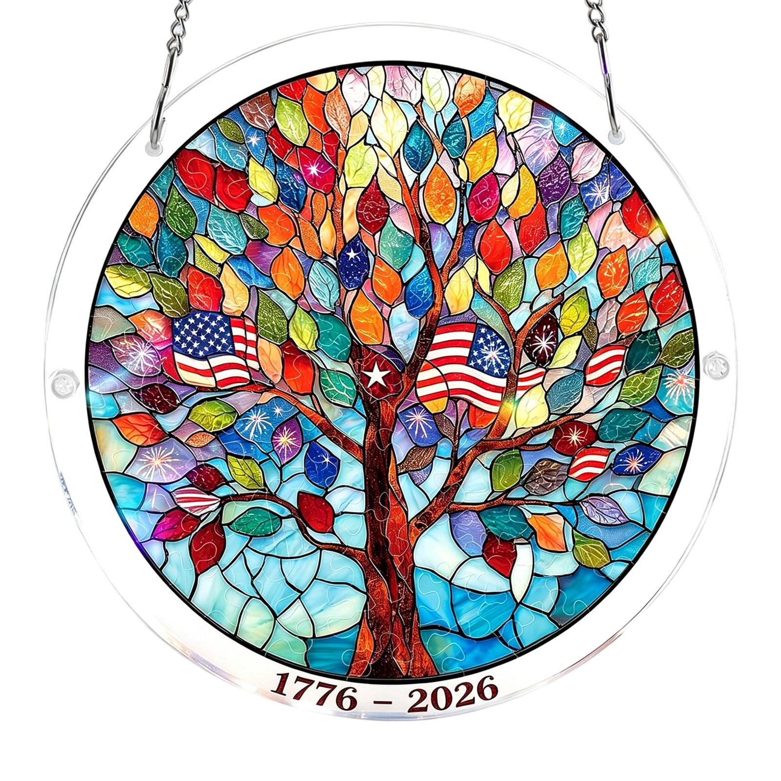 

Acrylic Suncatcher Puzzle 83 Pieces Patriotic Tree Design Stained Glass Style Hanging Decoration with Chain for Window Display One Size