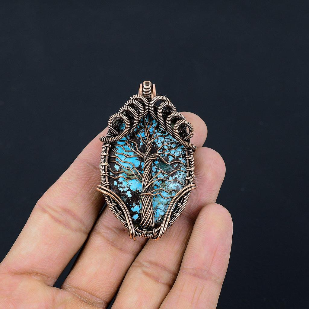 Tibetan Turquoise Pendant, 999 Copper Wire Wrapped Gemstone Jewelry, Handmade Pendant, For Thanksgiving
