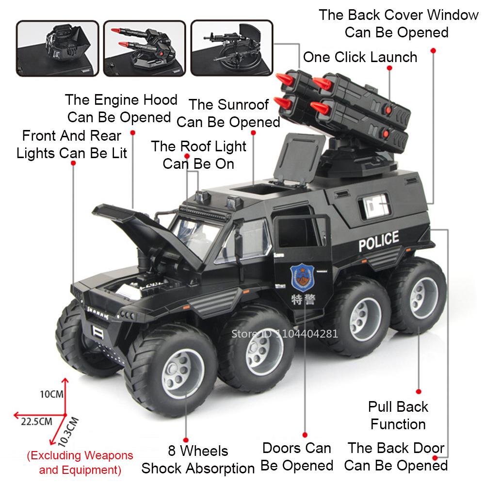 1:24 Shaman Armored Police Car Alloy Diecast Model Toy Car Doors Opened Sound Light Pull Back Miniature Vehice Boy Birthday Gift