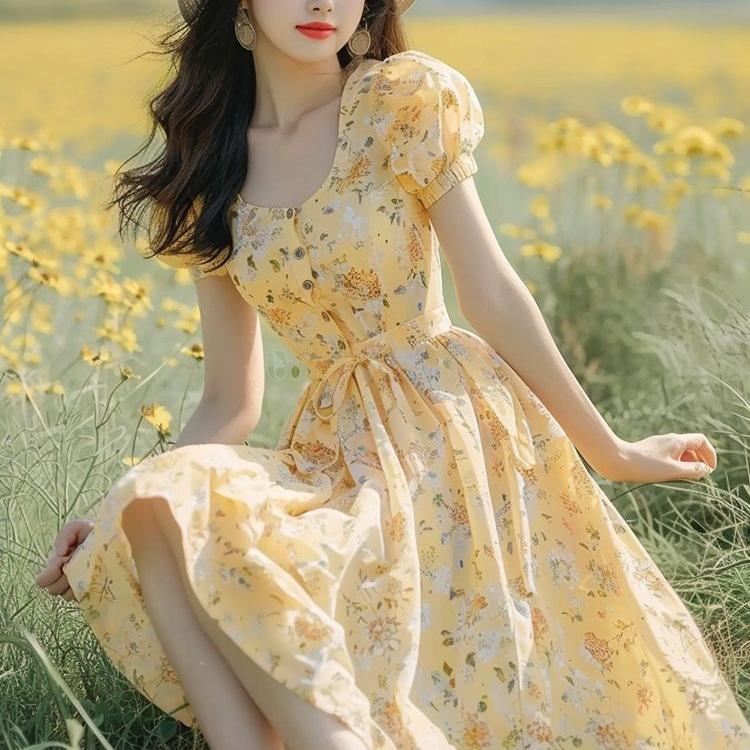 French-Inspired Yellow Floral Dress: Sweet, Fresh, Flirty Summer Style, Perfect for Dates, Age-Defying Women's Fashion.
