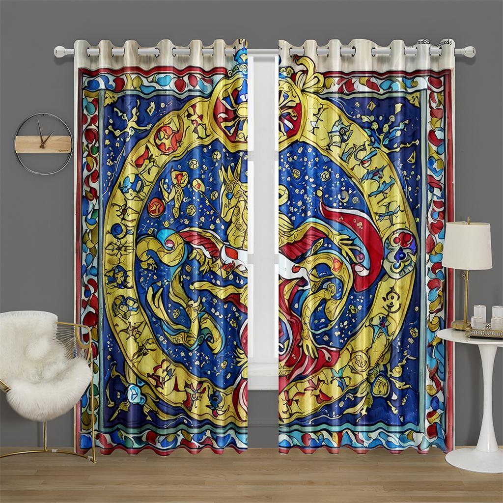 Mystic Zodiac Curtains 2 Panels 3D Print Sun Block Gold Blue Magic Pattern Bedroom Living Room Decor Starry Astrology Art