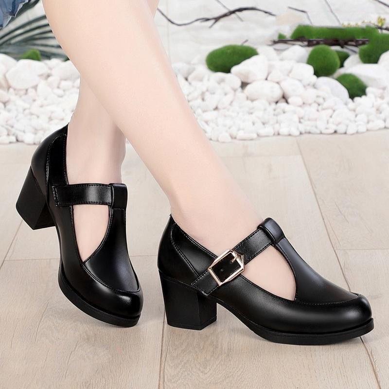 2025 Summer Soft Leather Non-slip Medium Heel T-shaped Buckle Leather Shoes High Heel Round Head Thick Heel Middle-aged Mother Single Shoes Women