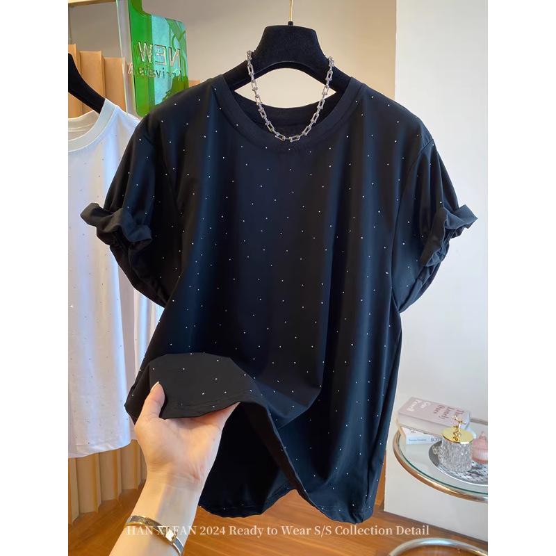 2026 Summer Casual Black Rhinestone Loose Fit Short Sleeve Women’s T-Shirt 3XL