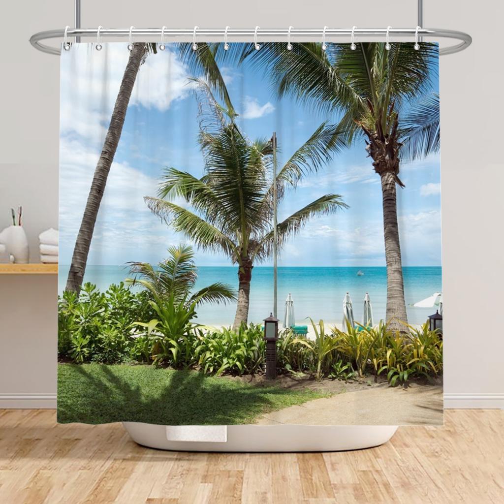 Beach Vacation Shower Curtain Tropical Palm Trees Ocean Waves Starfish Sandy Shore Pattern Waterproof Polyester Bathroom Decor
