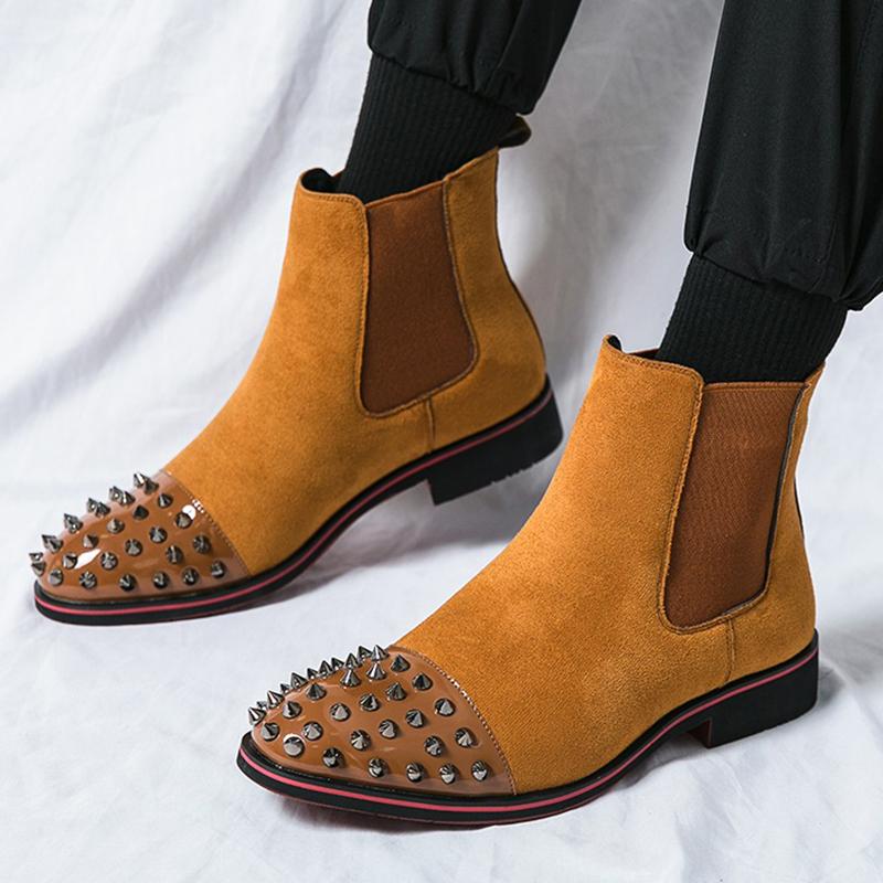 New Winter Pointed Punk Rivet Suede Chelsea Ankle Boots Brown Black Men's Casual Luxury Brand High-top Shoes Zapatos Hombre
