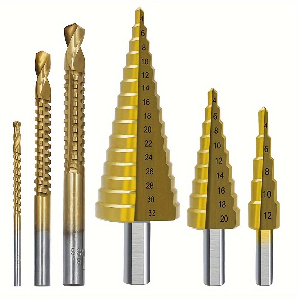 6 ks/sada, HSS spirálové stupňovité vrtáky - 3 velikosti (4-12 mm, 4-20 mm, 4-32 mm) - Ideální pro řezání dřeva, drážkování,