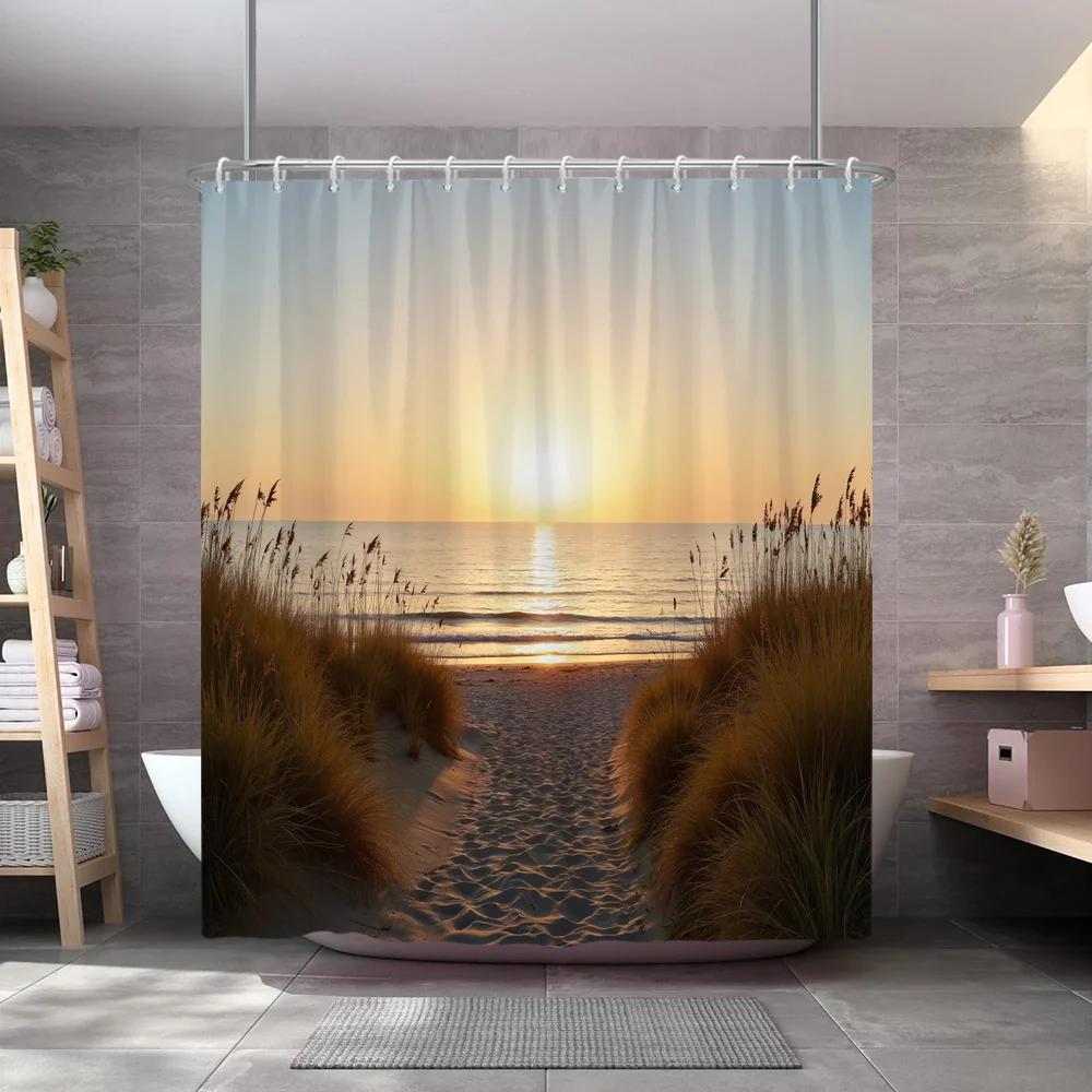 Sonnenuntergang Strand Duschvorhang - Ruhiger Küstenpfad, Goldene Töne, Meereswellen & Lebendiger Himmel, Polyester, 70x70 Zoll