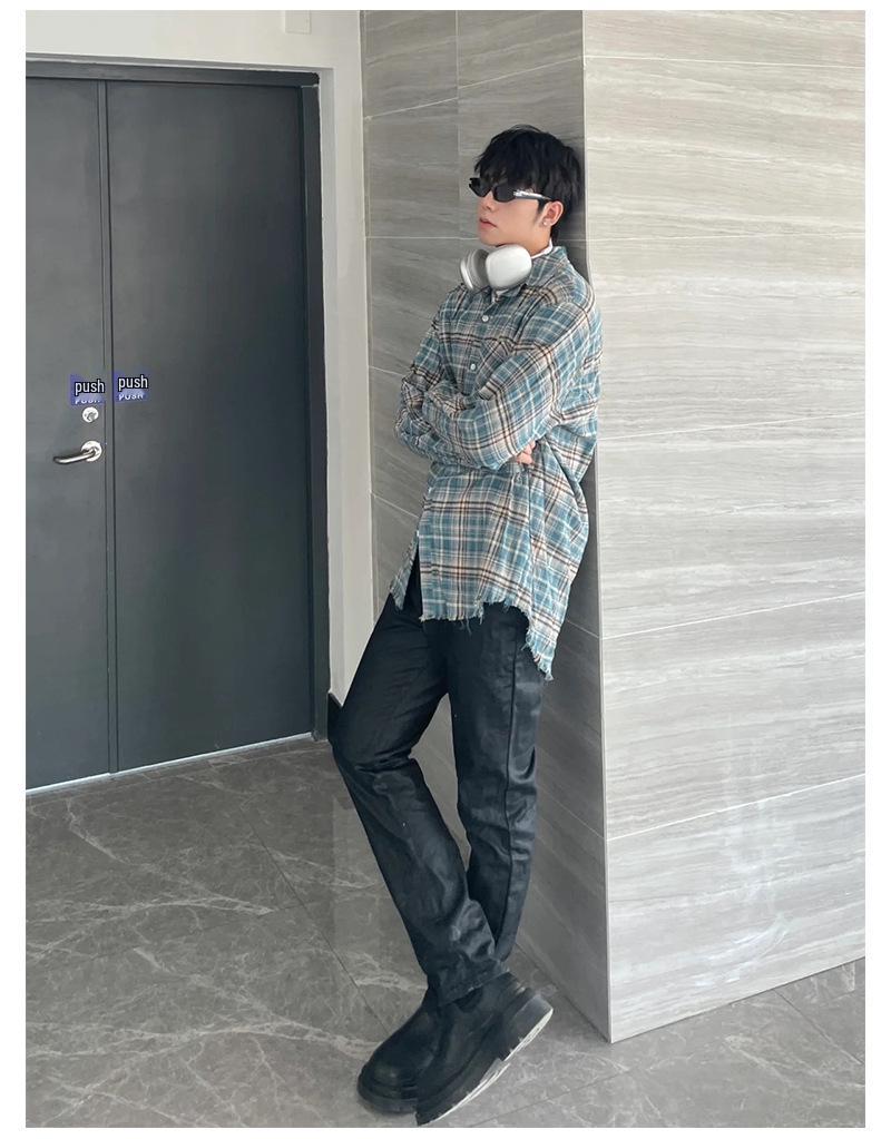 Retro Distressed Plaid Flannel Shirt with Tassels, Unisex Spring Loose Fit