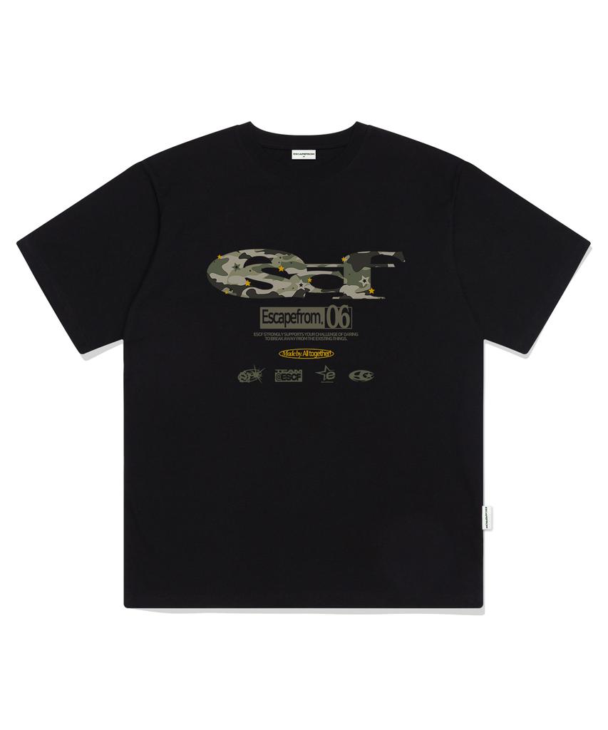 ESCAPEFROM Star Camo Escf Logo Collage Print Oversized Short Sleeve T-Shirt Black