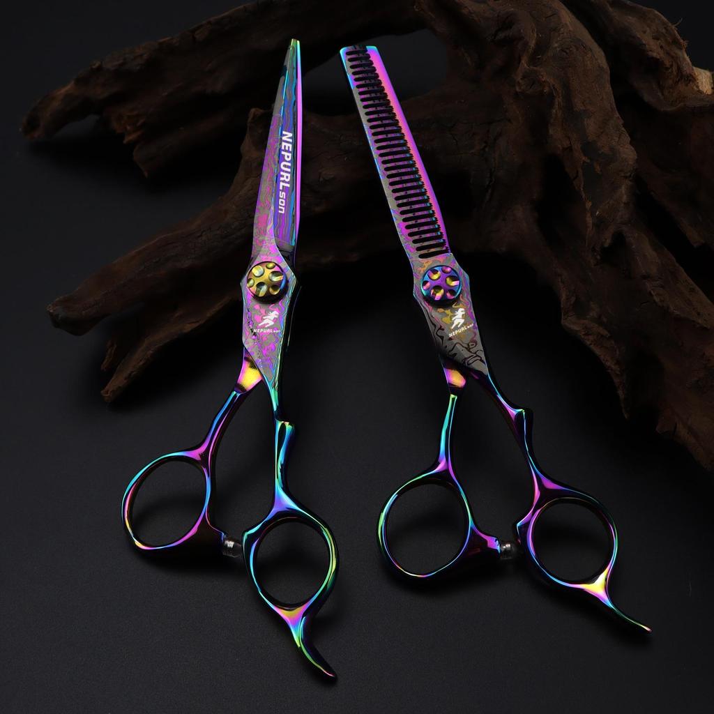 6.0-Inch Color Damascus Hairdressing and Thinning Scissors for Barbers and Bangs