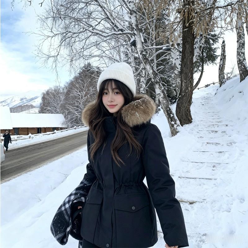 90% White Duck Down Winter Parka Women With Faux Fur Hood Thick Warm Black Coat