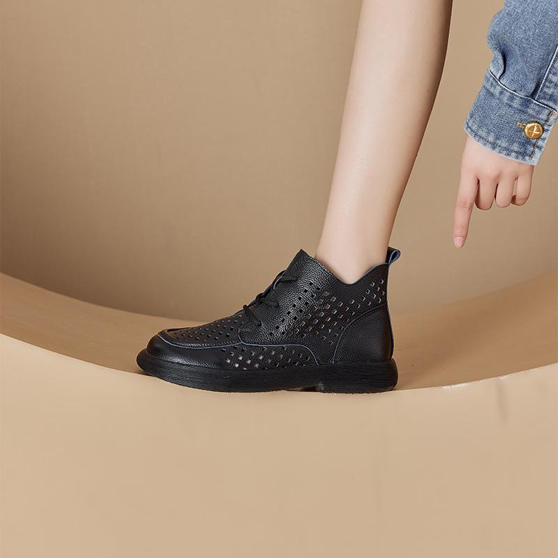 Spring first layer cowhide leather hollow Martin boots women's lace-up women's leather boots large size casual shoes