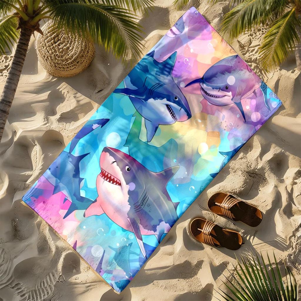 Watercolor shark print theme polyester microfiber beach towel is highly absorbent, suitable for swimming and beach outings