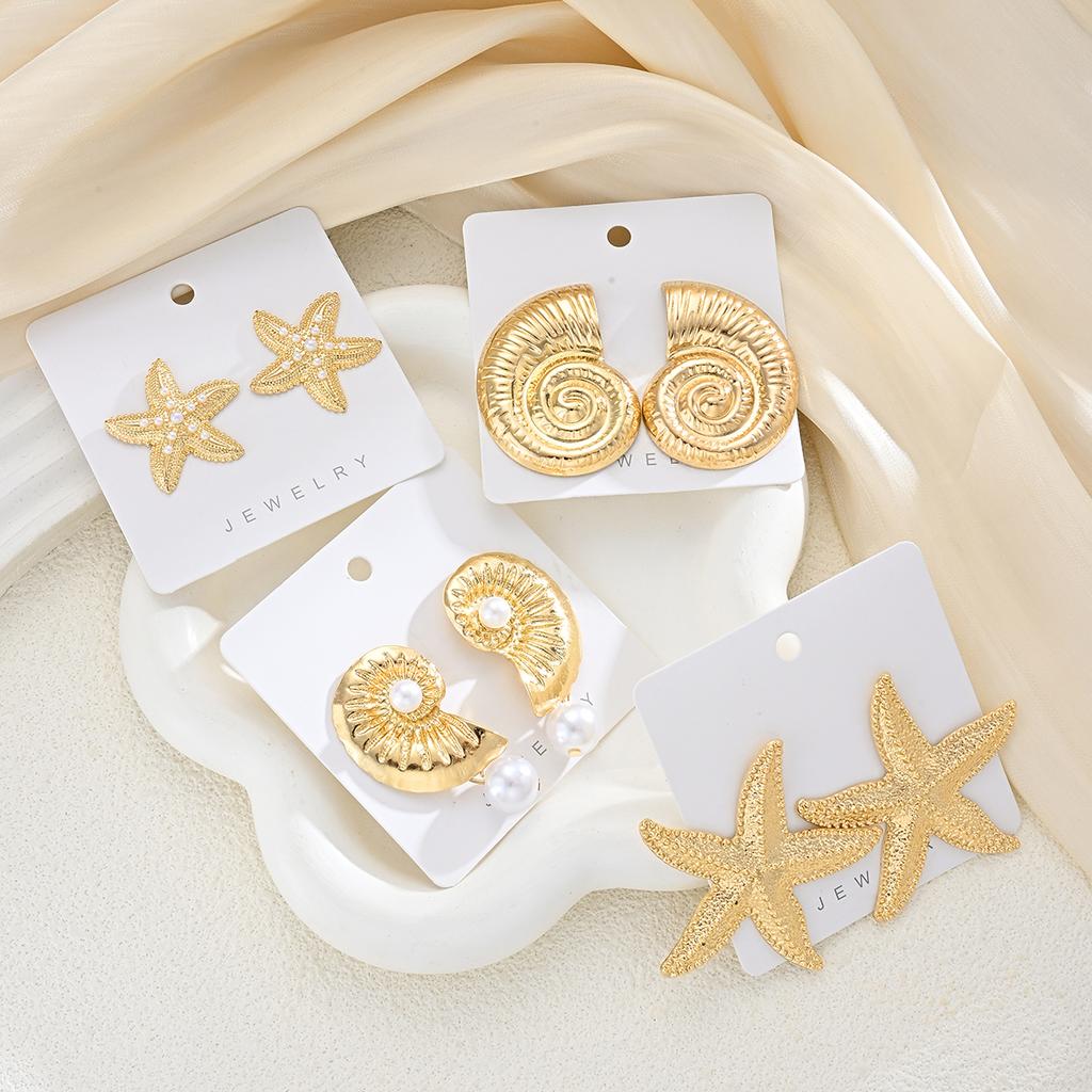 4Pcs Vintage Summer Starfish Conch Earring Set Gold Color Imulated Pearl Stud Drop Earrings for Women Beach Daily Jewelry Gifts