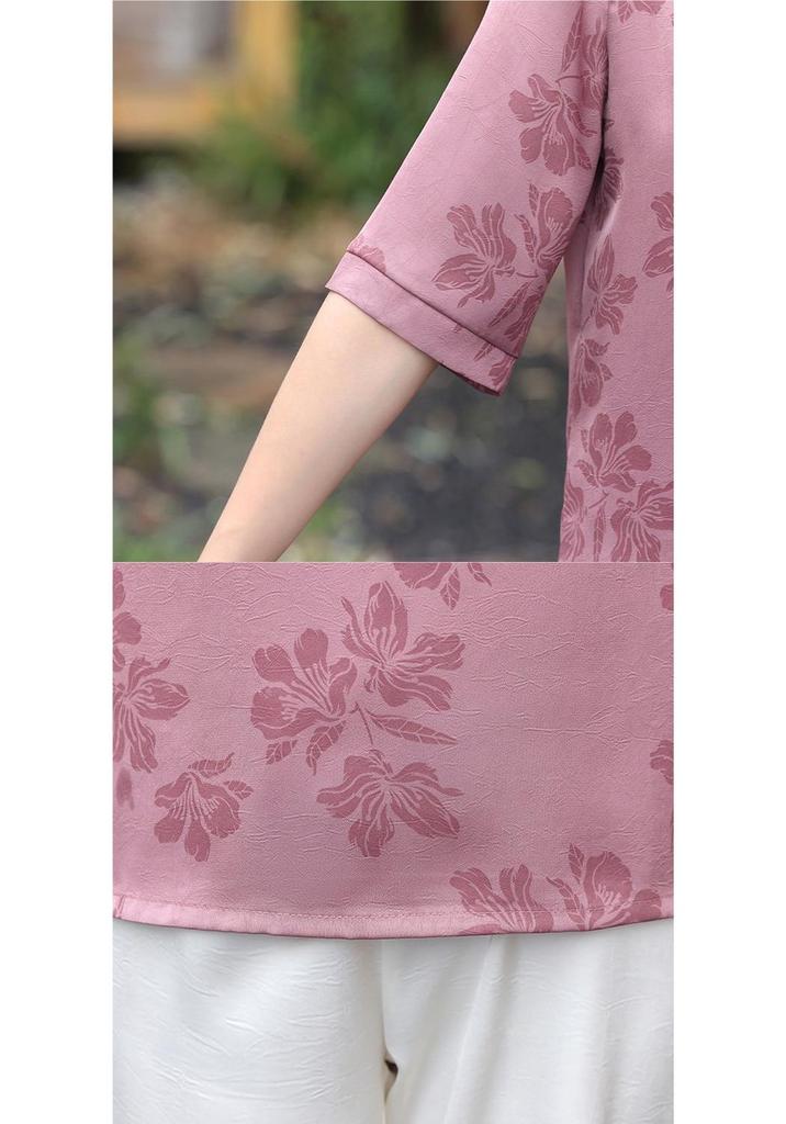 2026 Elegant Chiffon Blouse: Chinese Style Summer T-Shirt for Middle-Aged and Elderly Women