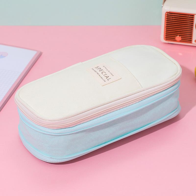 Colorblock Canvas Telescopic Pencil Case, Multifunctional Double Zipper, Convertible, Large Capacity Pencil Bag for Students