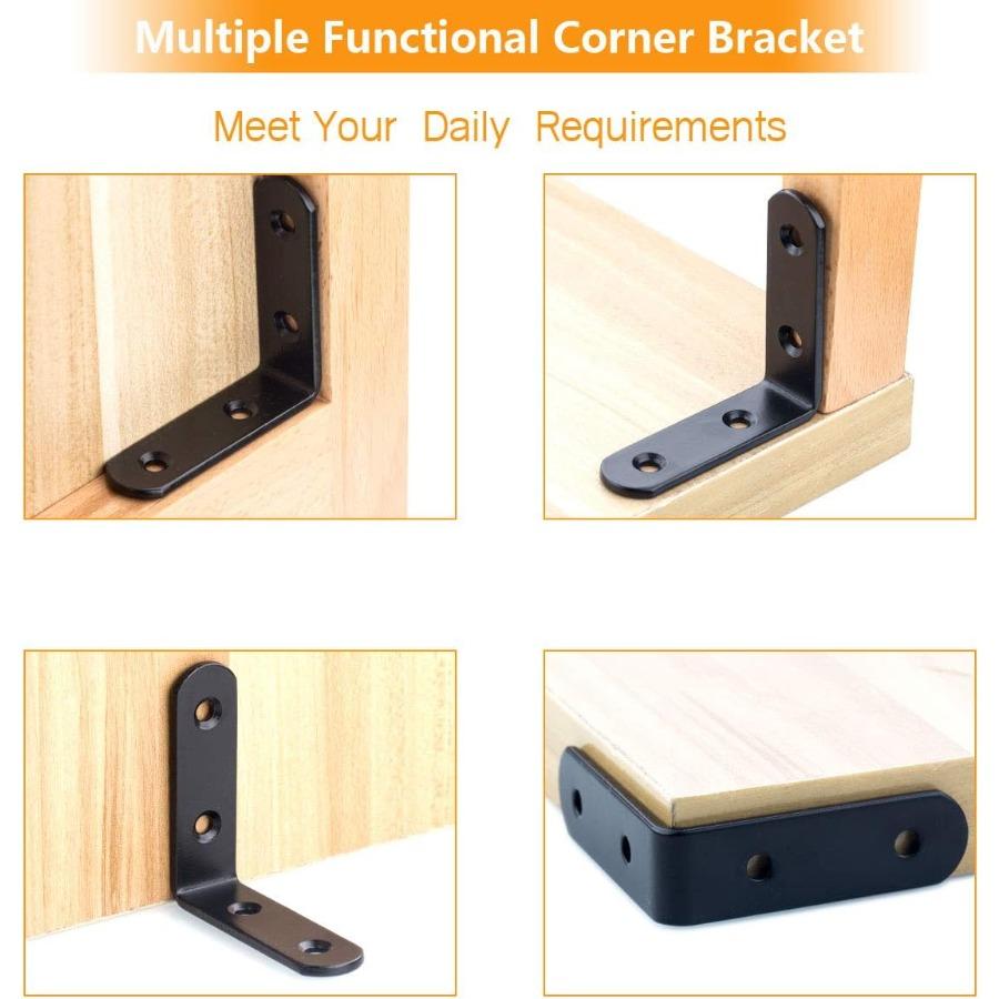 10Pack 65x65x20mm Black L Bracket, Stainless Steel 90° Heavy Duty Corner Brace Joint Fastener with Screws, Round End 4 Holes
