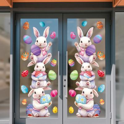 2 Sheets Easter Bunny Window Clings Cartoon Egg Stickers Cute Decoration For Home Classroom Nursery Shop Glass Display Decorations