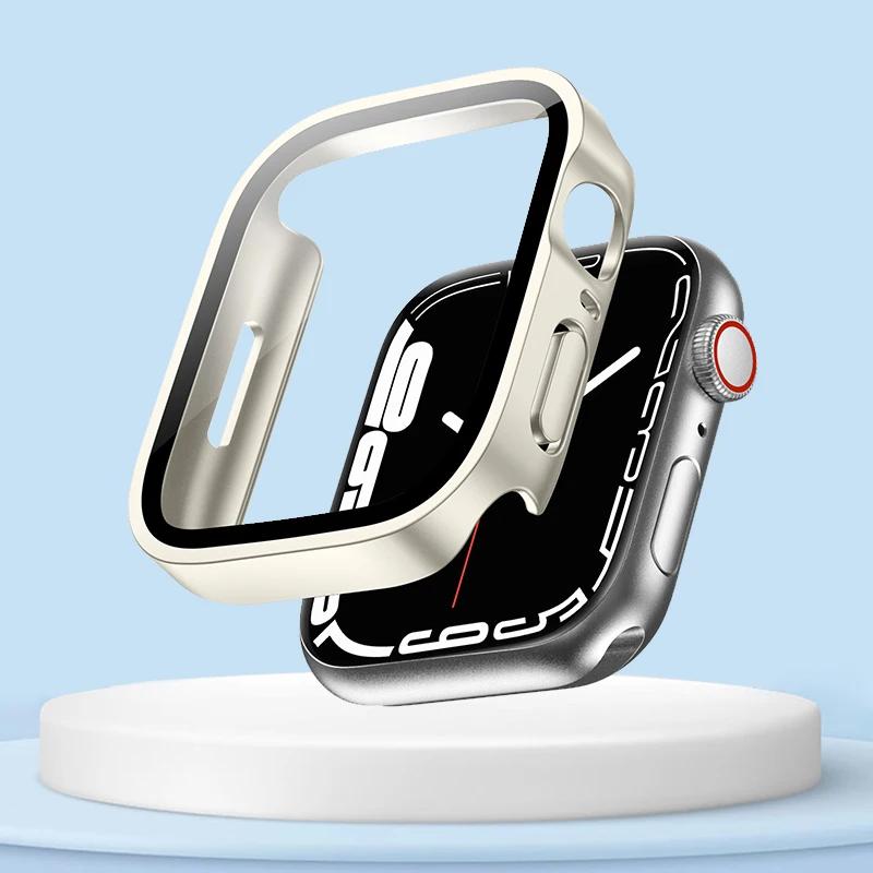 Waterproof Watch Case Glass Screen for Apple Watch Cover 40mm 44mm 41mm 45mm Frame Straight Edge Bumper IWatch Series 9 8 7 6 SE
