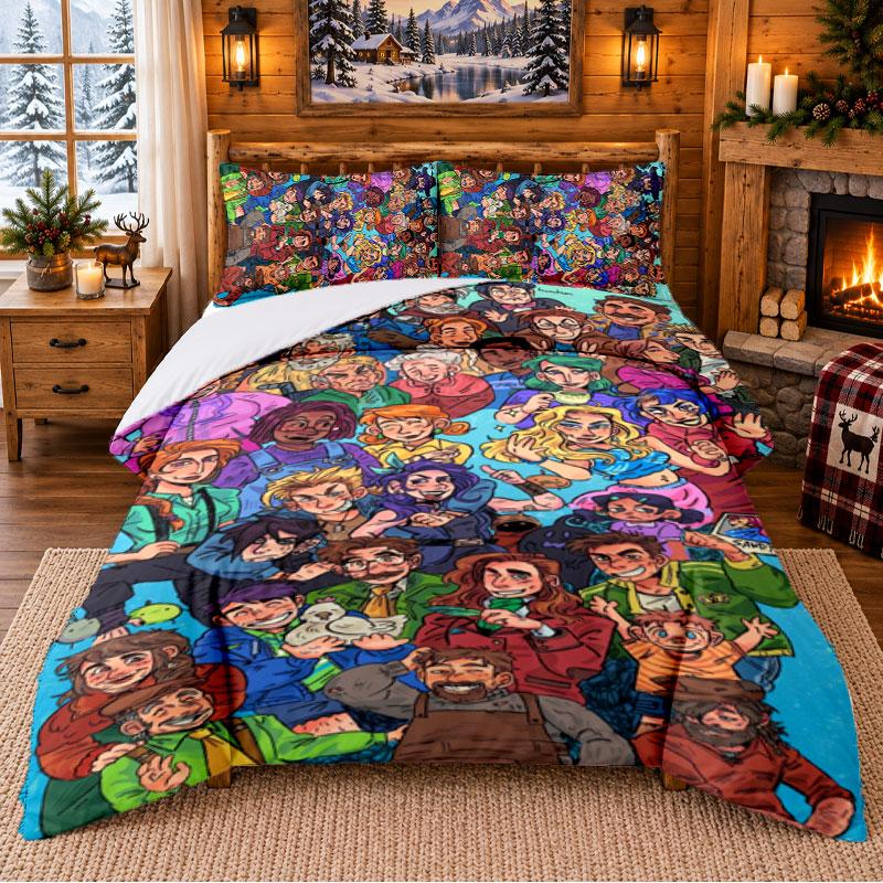 Stardew Valley Muster Bettwäsche 3-teiliges Set Bettlaken und Kissenbezüge für Schlafzimmer