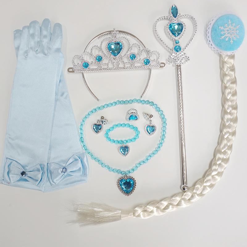 Kostümset zum Thema Die Eiskönigin: Krone, Zauberstab, Zöpfe, Halskette, Ohrringe und Handschuhe für Weihnachten & Halloween