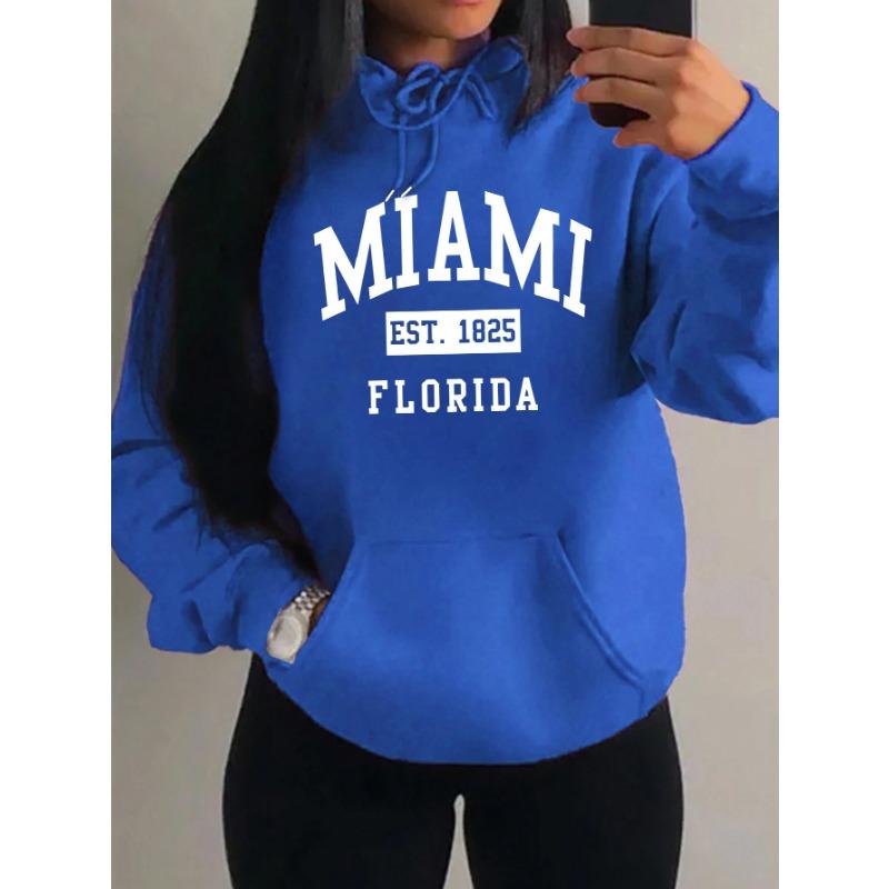 Miami Est 1825 City Art Letter Prints Women Hoodie Pocket Streetwear Harajuku Loose Hoody All-Match Fleece Female Clothing