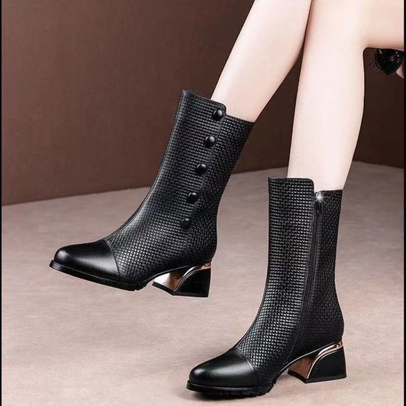 Soft Leather Martin Boots for Women's Winter New High-heeled Medium Tube Fashion Boots Warm Velvet Soft Leather Cotton Boots for Women