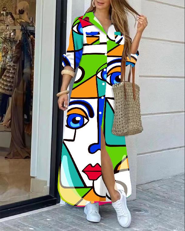 Fashion Long Sleeve Print Women Loose Fit Casual Maxi Dress