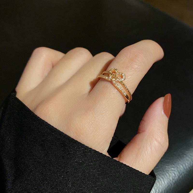 Japanese Elegant Hollow Heart Rhinestone Double Layer Adjustable Ring