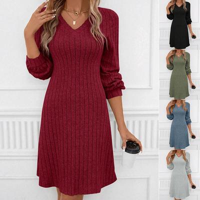 Women's Long Sleeve Midi Dress V-Neck Ribbed Skater Knee Length Dress Casual Knitted Pullover Shirt Dress