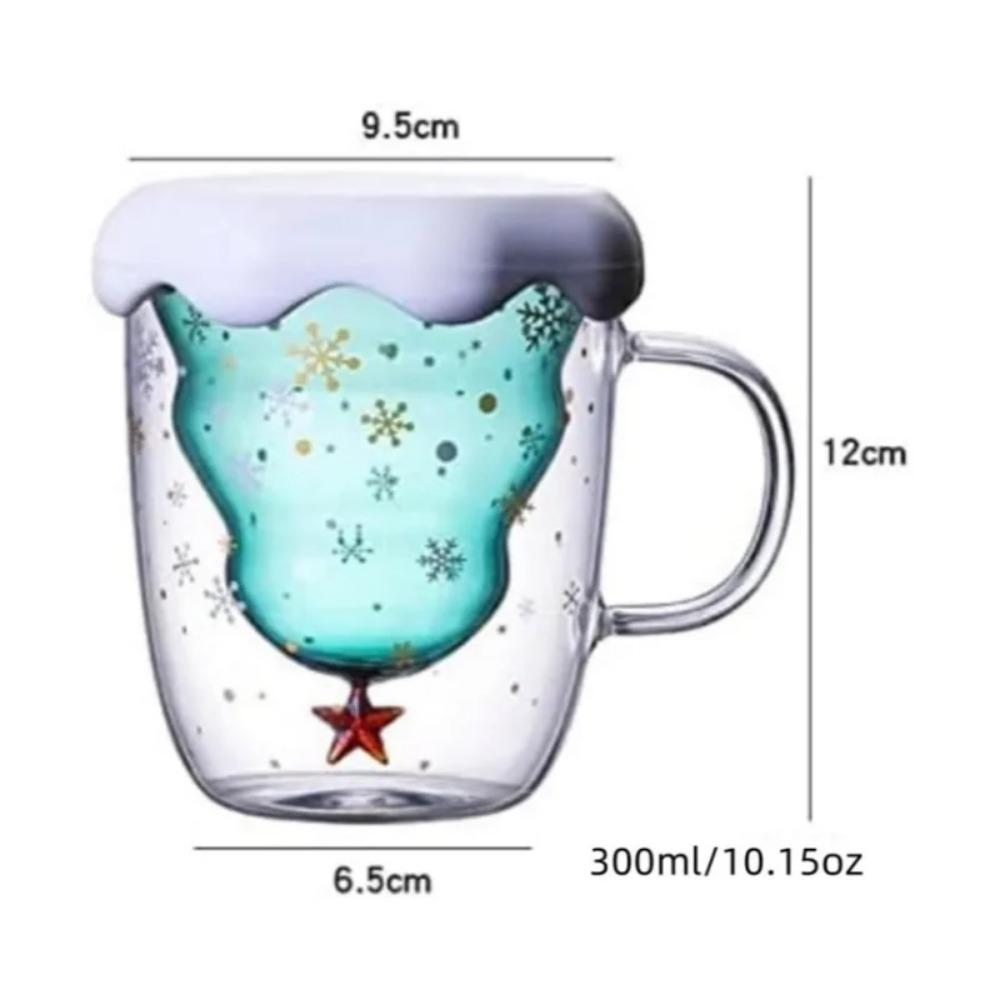 1 Pack 300ml/10 15oz Christmas Cup  Christmas Tree Glass with Snowflake Lid and Handle   Double Wall Insulated Glass Christmas