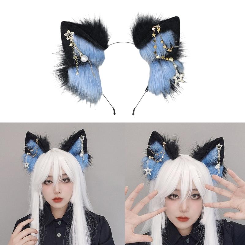Wolf Ears Handmade Animal Furry Kitten Headband Star Tassels for Masquerade