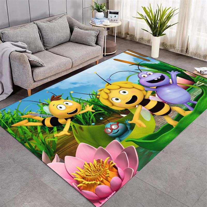 Maya The Bee Friends Lotus Scene Print Doormat Non‑Slip Entrance Floor Mat Cartoon Animated Home Hallway Decor