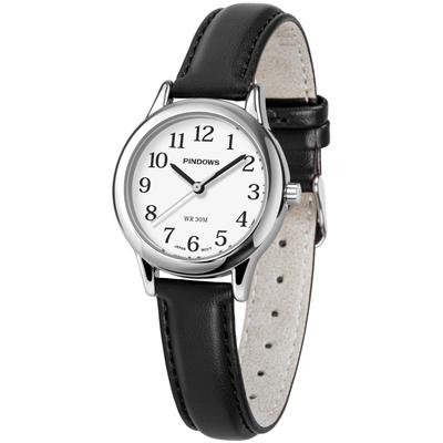 PINDOWS Women's Slim Minimalist Quartz Analog Watch with Black Leather Strap and Gold-Tone Case - A Stylish and Elegant Everyday Watch