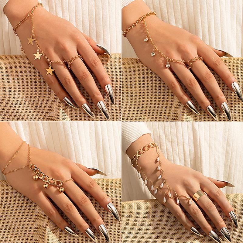 Pendant Chain Bracelet Link Connected Gold Colour Wide Finger Ring Bracelets For Women Link Hand Harness Jewelry