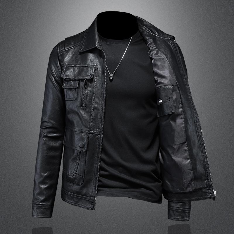 Spring and Autumn Leather Jackets for Men, Korean Style, Trendy and Cool Autumn Short Motorcycle Jacket, Black Leather Jacket 7285