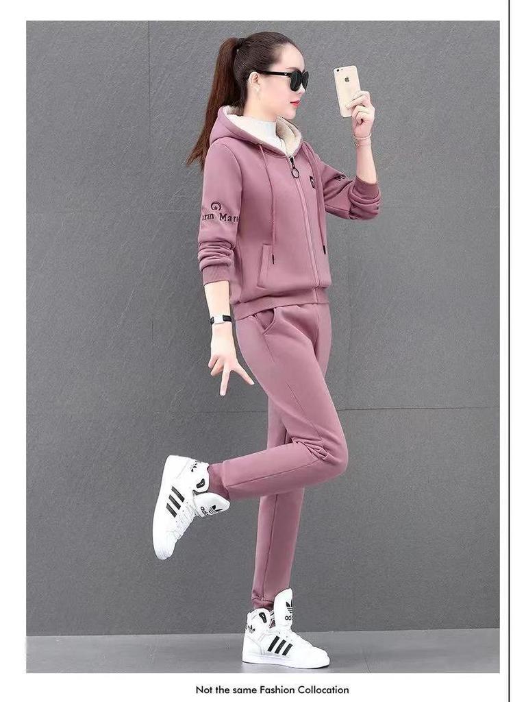 Women's Plush & Thick Fashion Suit: Loose Hooded Sweater Casual Wear Two-Piece Set for Autumn/Winter 2024