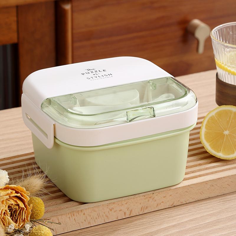 

Ланч-бокс бенто, Портативный двухслойный салатник, Ланч-бокс для малышей со столовыми приборами, Контейнер для хранения продуктов, пригодный для микроволновой печи зелёный
