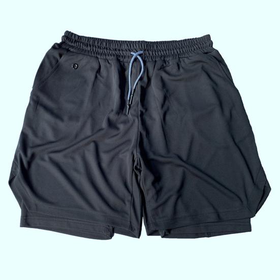 Men Shorts Double Layer Drawstring Fake Two Piece Elastic Waist Knee Length Shorts for Training