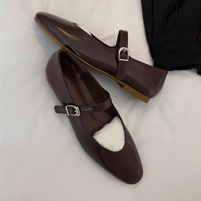 Leather French retro round head white Mary Jane women's shoes temperament shallow mouth versatile single shoes women's flat bottom