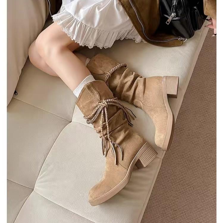 [Grape Mother of the Same Style] Egyptian Boots~ Fringed Thick Heel Medium and High Boots Western Cowboy Boots Women's Stacking Boots