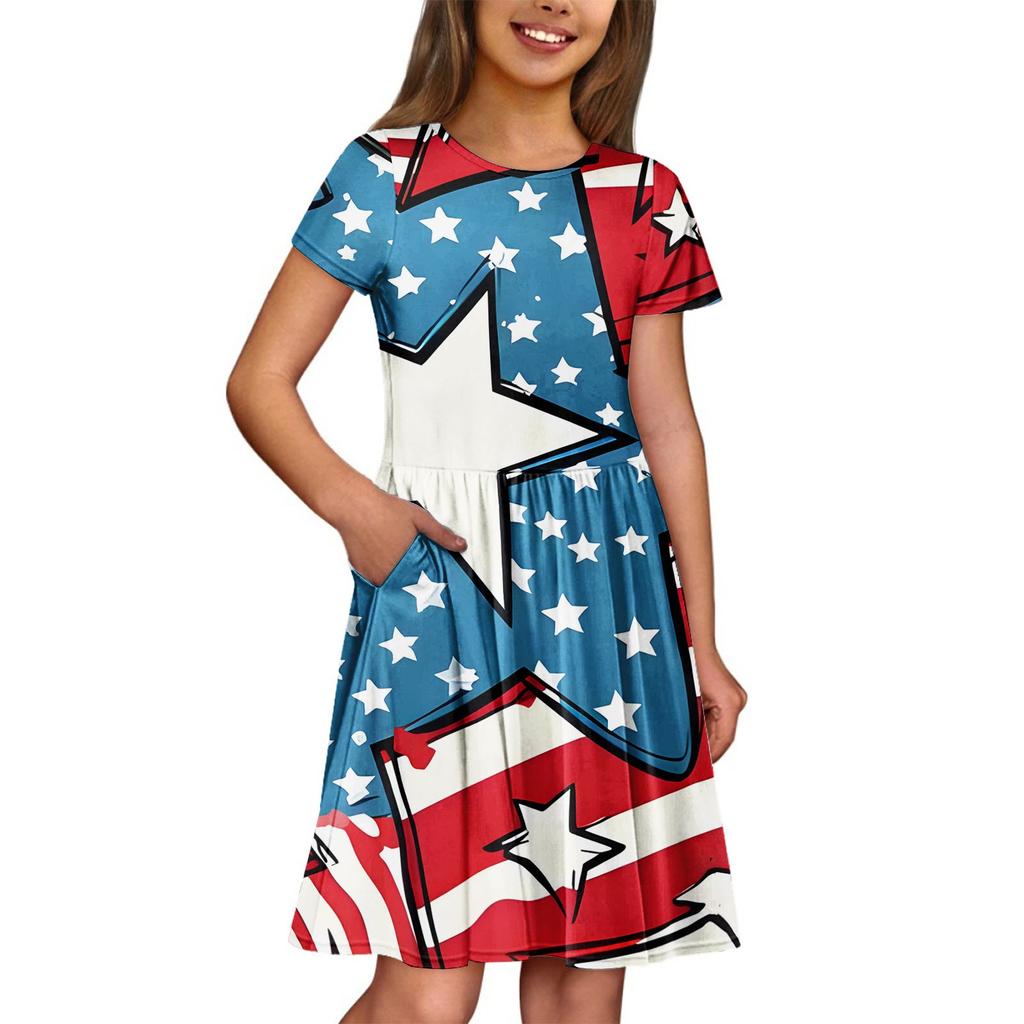 Girl Summer Dress  Solid Color & Print Sleeveless Dress With Pocket Casual Dress Shorts Sleeve Party Dress