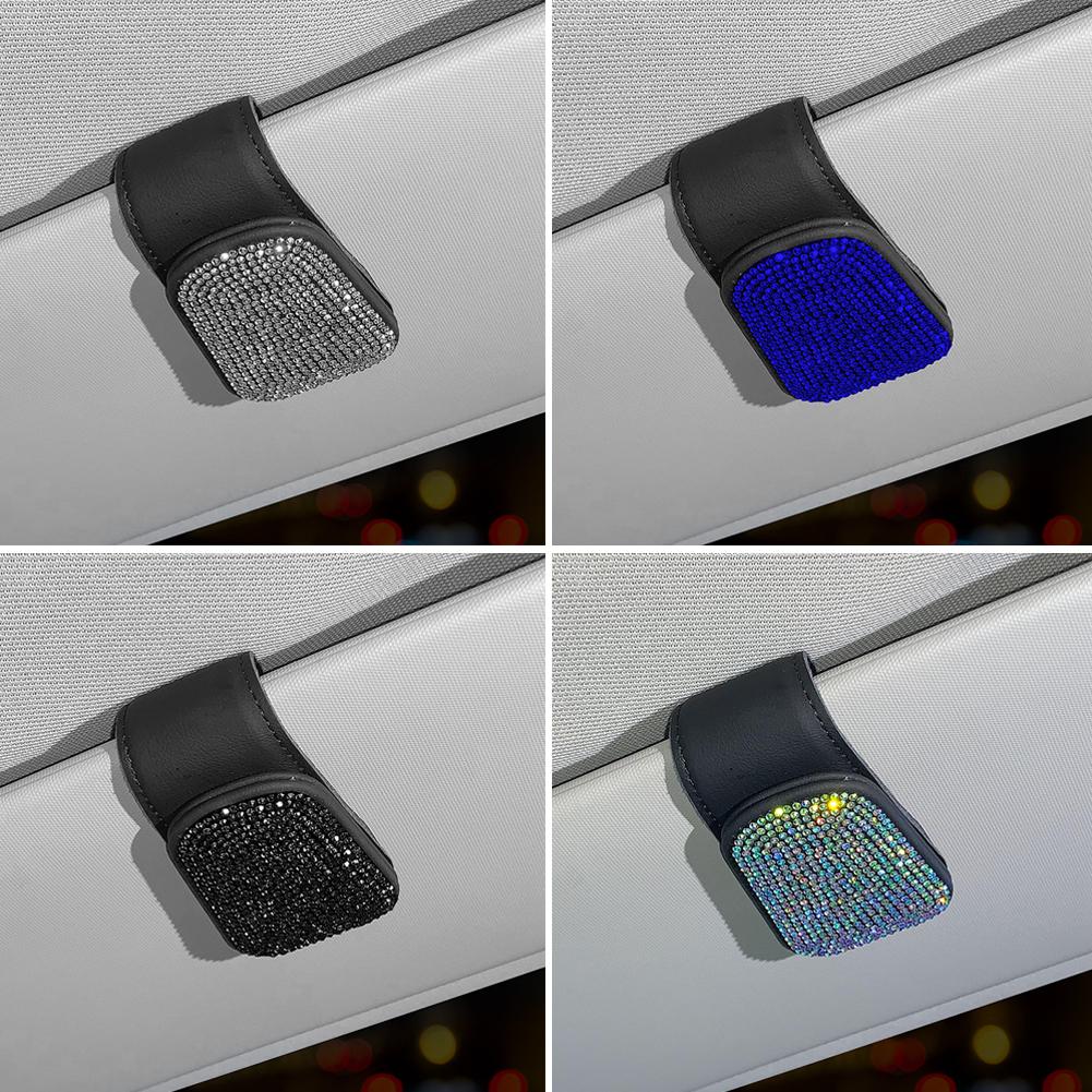 Portaocchiali da sole in cristallo con strass per auto, clip per custodia per occhiali da sole per auto, aletta parasole, supporto per biglietti da visita, fissaggio, accessori per auto