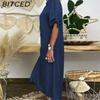 BITCED Summer Denim Dress For Women Casual Spring Blue Maxi Dresses V Neck Half Sleeve Plus Size Long Dresses With Slit