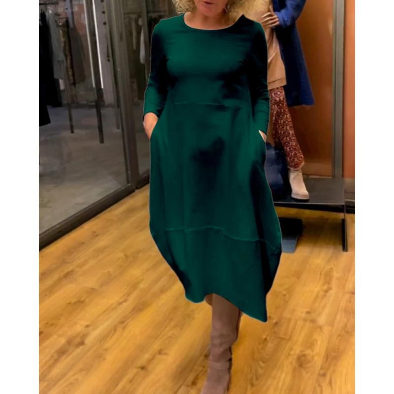 Autumn and winter new European and American versatile solid color round neck long-sleeved dress women's clothing