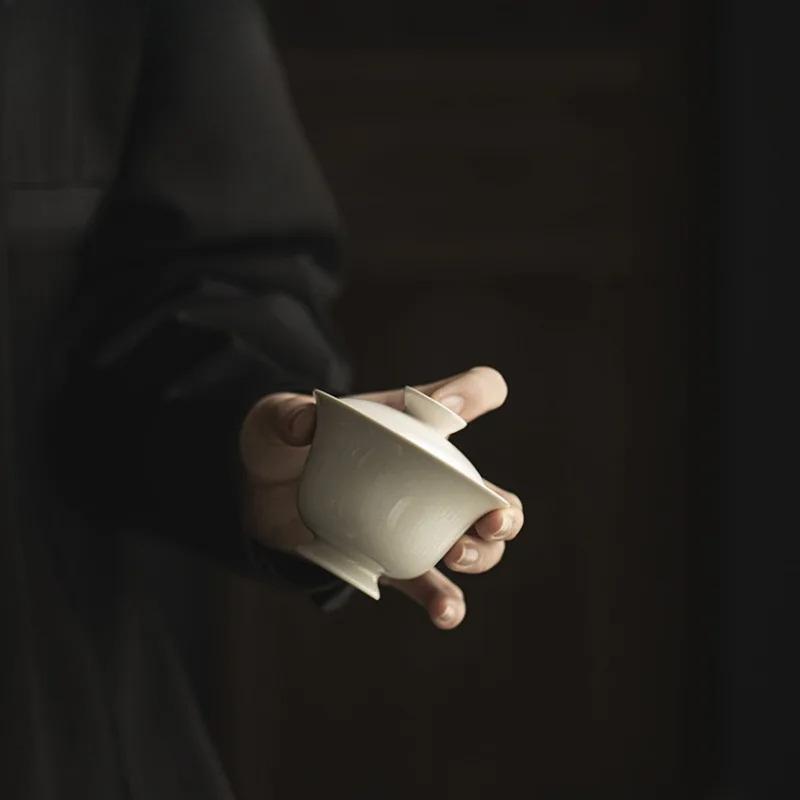 110ml Plant Ash Cover Bowl Creative High Footed Tea Tureen Boutique Ceramic Hand-grasp Bowl Gaiwan Antique Tea Brewing Teaware